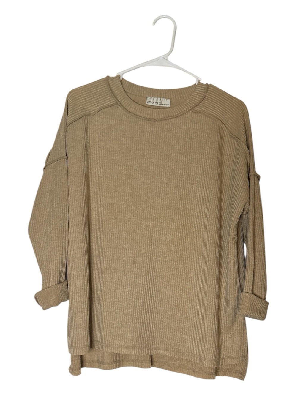 Zenana Outfitters Oversized S/M Ribbed Crew Neck Sweater in Tan Lounge Comfy